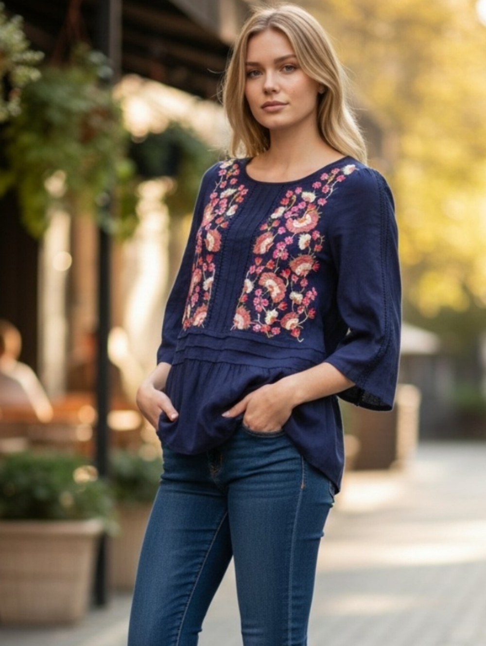 Floreat Anthropologie size 6 Luana embroidered peplum top 3/4 sleeves bohemian